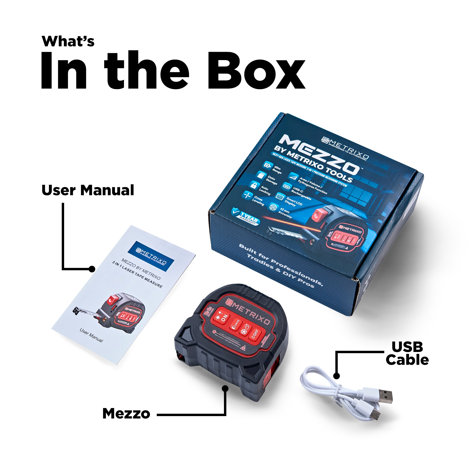 Metrixo MEZZO™ — The Next-Gen 3-in-1 Laser Tape Measure (60m Digital Precision)